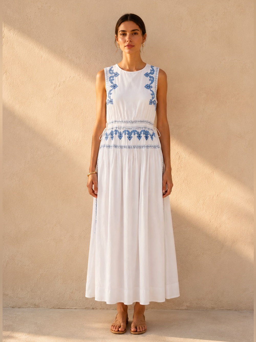 Zara White Blue Embroidered Midi Dress Resort Mediterranean Blogger Favorite. M